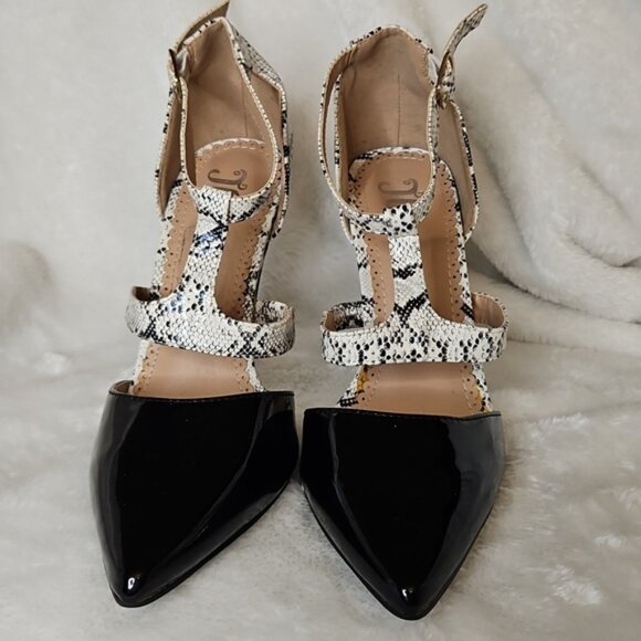 JG Black Patent & Snakeskin T-Strap Heels - Size 7.5 Pointed Toe Stilettos - Picture 2 of 8